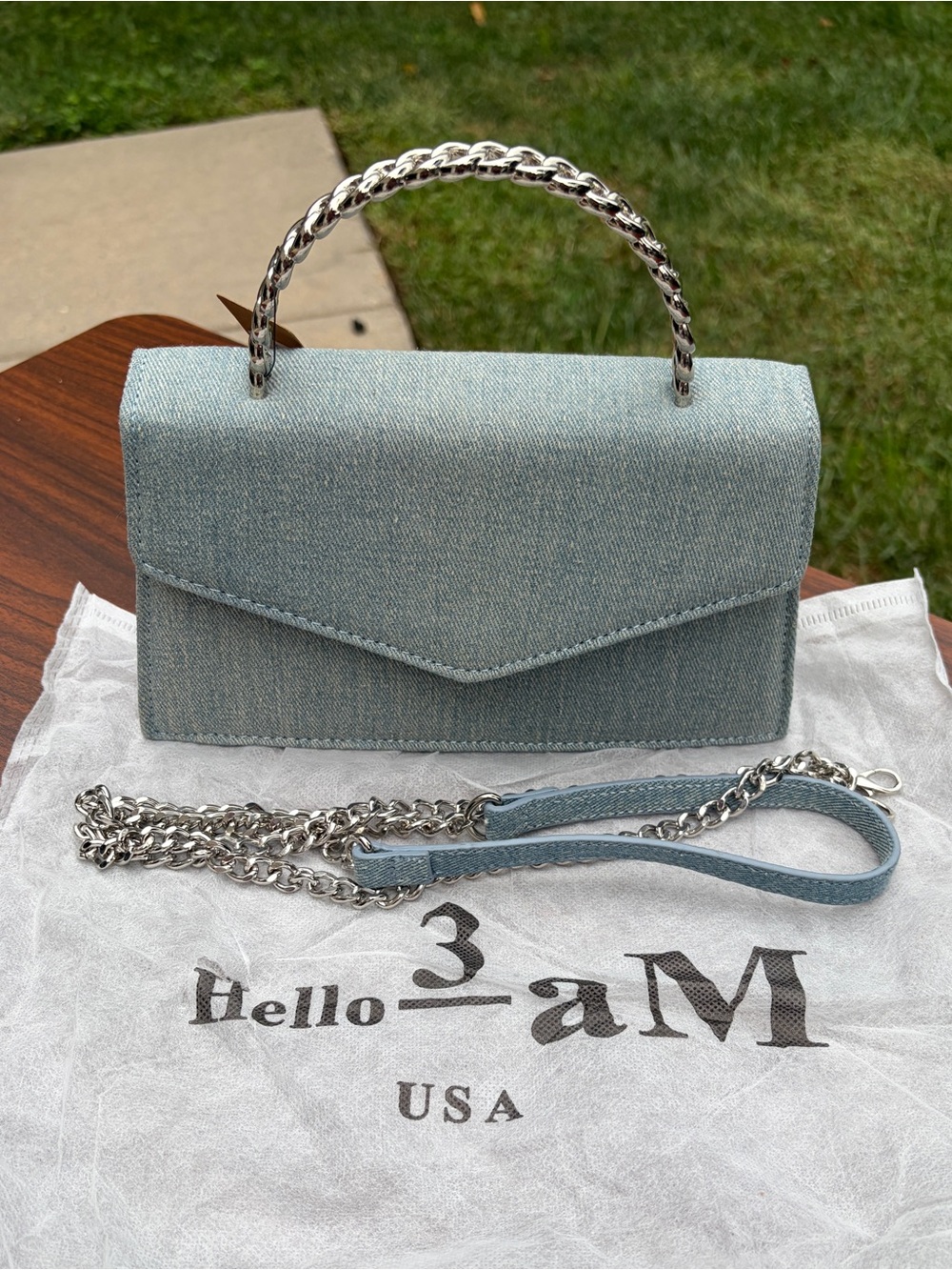 Hello 3AM Light Blue Denim Clutch Crossbody Bag Silver Chain NWT